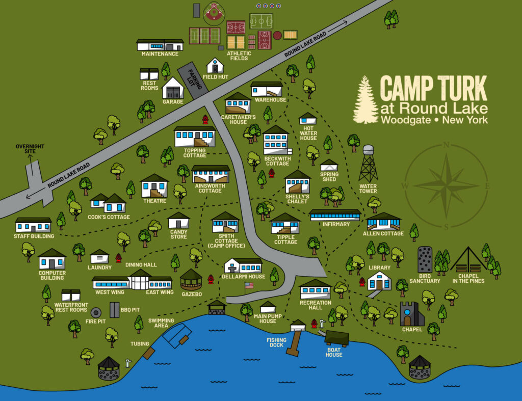 map of Camp Turk at Round Lake, Woodgate, New York.